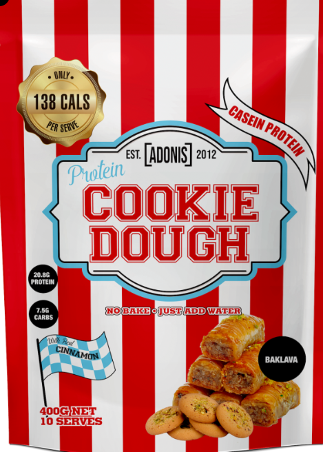ADONIS Protein Cookie Dough and Mug Cake Range with Casein and Whey Protein in Various Flavors and Sizes