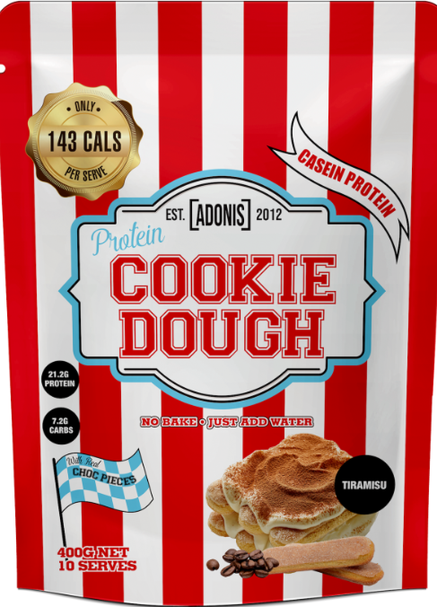 ADONIS Protein Cookie Dough and Mug Cake Range with Casein and Whey Protein in Various Flavors and Sizes